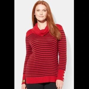 Lauren Ralph Lauren Wool Blend Red Striped Cowl Neck Sweater Old Money Academia